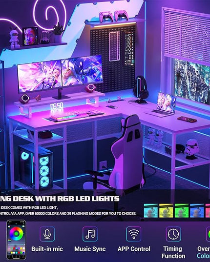 Unikito Reversible L Shaped Desk with Power Outlets and Smart LED Light, 55 Inch Computer Office Desk, Unique Grid Design, Corner Writing Gaming Table with Monitor Stand and Storage Shelf, White - LeafyLoom