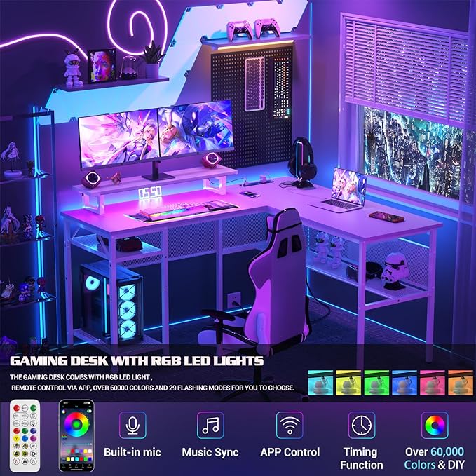 Unikito Reversible L Shaped Desk with Power Outlets and Smart LED Light, 55 Inch Computer Office Desk, Unique Grid Design, Corner Writing Gaming Table with Monitor Stand and Storage Shelf, White - LeafyLoom