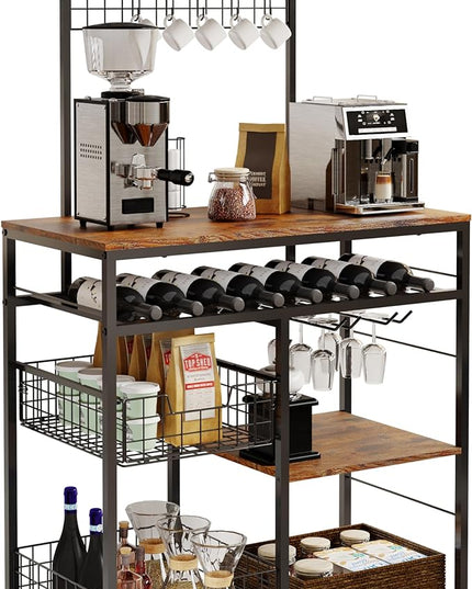 Farmhouse Coffee Bar Cabinet - 31" Sideboard Buffet Cabinet with 8 Hooks and Removable Sliding Storage Basket - Ideal for Kitchen& Dining&Living Room - Rustic Brown - LeafyLoom