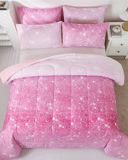 Pink Glitter Comforter Set Full/Queen Size for Girls, Sparkle Galaxy Twinkle Starlight Comforter for Kids Teen,2 Piece Pink Ombre Pastel Bedding Set with 2 Pillow Cases(Pink) - LeafyLoom