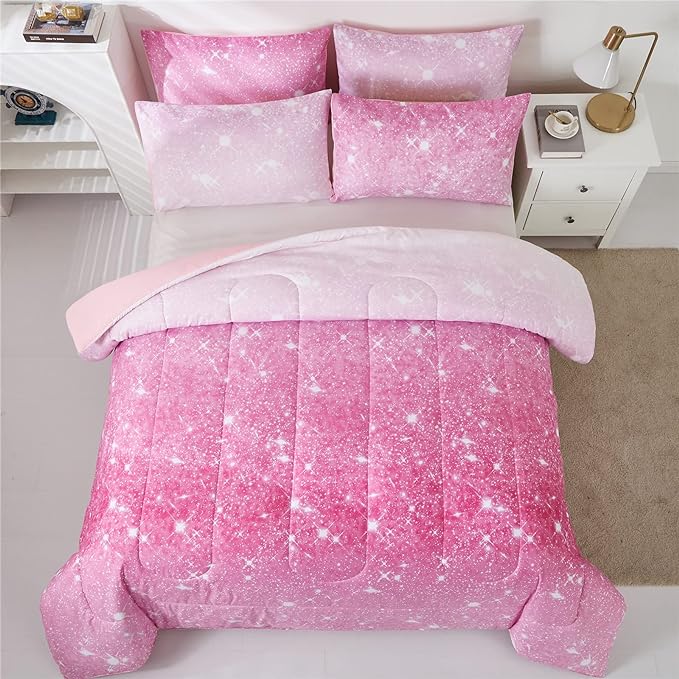 Pink Glitter Comforter Set Full/Queen Size for Girls, Sparkle Galaxy Twinkle Starlight Comforter for Kids Teen,2 Piece Pink Ombre Pastel Bedding Set with 2 Pillow Cases(Pink) - LeafyLoom