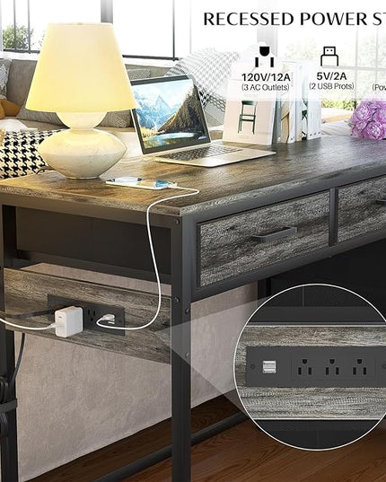Computer Desk with 5 Drawers, Reversible Office Desk with Power Outlets and USB Charging Ports, Sturdy Writing Table with File Cabinet Printer Stand, PC Desk for Small Spaces, Black Oak - LeafyLoom