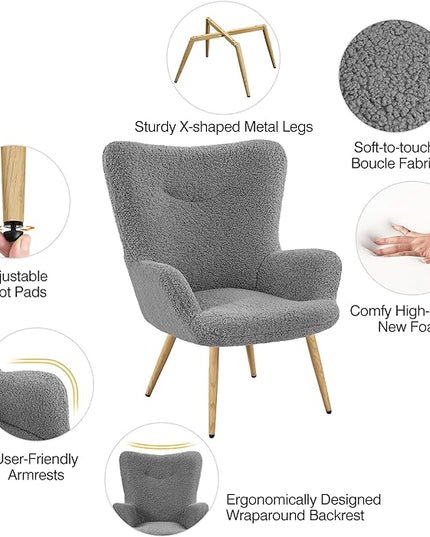 Yaheetech Boucle Accent Chair, Modern Fabric Armchair, Comfy Fluffy Barrel Chair, Reading Chair with High Folding Backrest and Metal Legs for Living Room/Bedroom/Home/Office, Gray - LeafyLoom