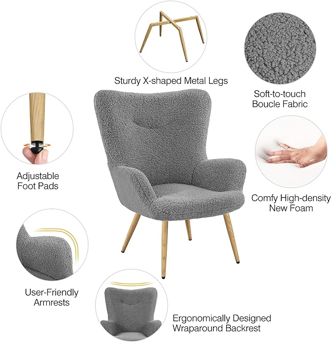 Yaheetech Boucle Accent Chair, Modern Fabric Armchair, Comfy Fluffy Barrel Chair, Reading Chair with High Folding Backrest and Metal Legs for Living Room/Bedroom/Home/Office, Gray - LeafyLoom