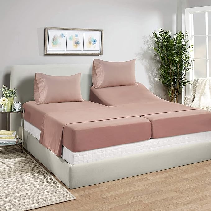 LANE LINEN Split King Sheets for Adjustable Beds - 1000 Thread Count 5 Piece Set 100% Egyptian Cotton Sateen Weave Cool Breathable & Soft 2 Fitted Fits Upto 17" Deep Pockets Sepia Rose - LeafyLoom