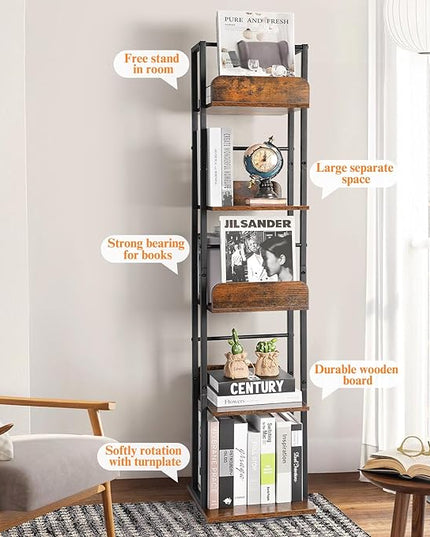 Bikoney Bookshelves 5-Tier, Rotating Bookshelf Tower for Corner, Small Bookcase, Tall Industrial Bookshelf, Narrow Bookshelf, Wood and Metal Black - LeafyLoom