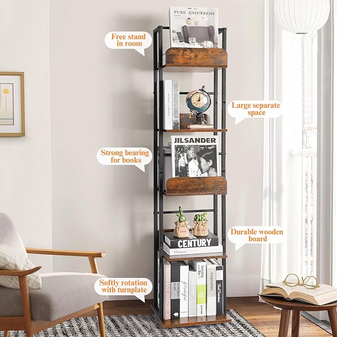 Bikoney Bookshelves 5-Tier, Rotating Bookshelf Tower for Corner, Small Bookcase, Tall Industrial Bookshelf, Narrow Bookshelf, Wood and Metal Black - LeafyLoom