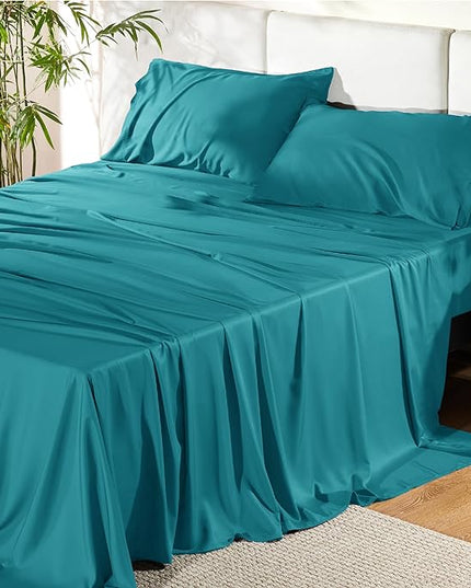 Bedsure Queen Sheets, Rayon Derived from Bamboo, Queen Cooling Sheet Set, Deep Pocket Up to 16", Breathable & Soft Bed Sheets, Hotel Luxury Silky Bedding Sheets & Pillowcases, Turquoise - LeafyLoom
