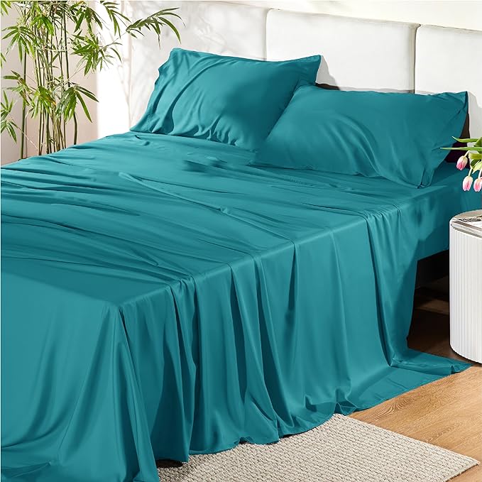 Bedsure Queen Sheets, Rayon Derived from Bamboo, Queen Cooling Sheet Set, Deep Pocket Up to 16", Breathable & Soft Bed Sheets, Hotel Luxury Silky Bedding Sheets & Pillowcases, Turquoise - LeafyLoom