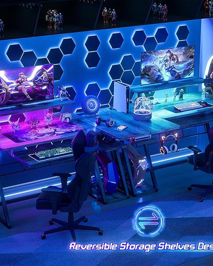 armocity L Shaped Gaming Desk with LED Lights and Outlets, PC Gaming Desk with Monitor Stand and Shelves, Reversible Gaming Computer Desk with Keyboard Tray & Z-Shape Legs, Grey Oak, 47" - LeafyLoom