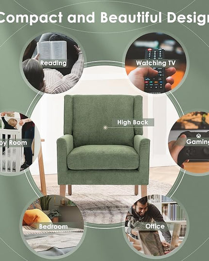 COLAMY Modern Wingback Living Room Chair, Upholstered Fabric Accent Armchair, Single Sofa chair with Lounge Seat and Wood Legs for Bedroom/Office/Reading Spaces, Green - LeafyLoom