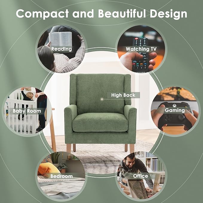 COLAMY Modern Wingback Living Room Chair, Upholstered Fabric Accent Armchair, Single Sofa chair with Lounge Seat and Wood Legs for Bedroom/Office/Reading Spaces, Green - LeafyLoom