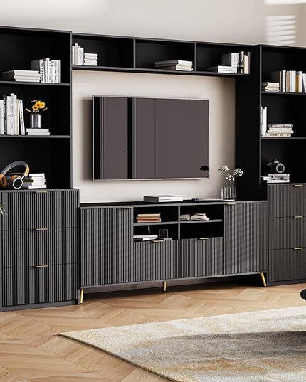 113Inch Entertainment Wall Unit with Bridge, Stand Media Console Table for TVs Up to 70" with 13 Shelves,8 Drawers and 2 Cabinets for Living Room, Black - LeafyLoom