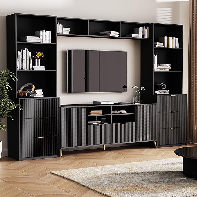 113Inch Entertainment Wall Unit with Bridge, Stand Media Console Table for TVs Up to 70" with 13 Shelves,8 Drawers and 2 Cabinets for Living Room, Black - LeafyLoom