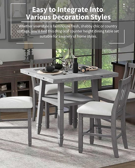5-Piece Counter Height Round Set in 2 Table Sizes with 4 Folding Leaves and Upholstered Chairs for Dining Room (Gray+Beige Cushion), 38"~54" L x 38"~54" W x 36.2" H - LeafyLoom