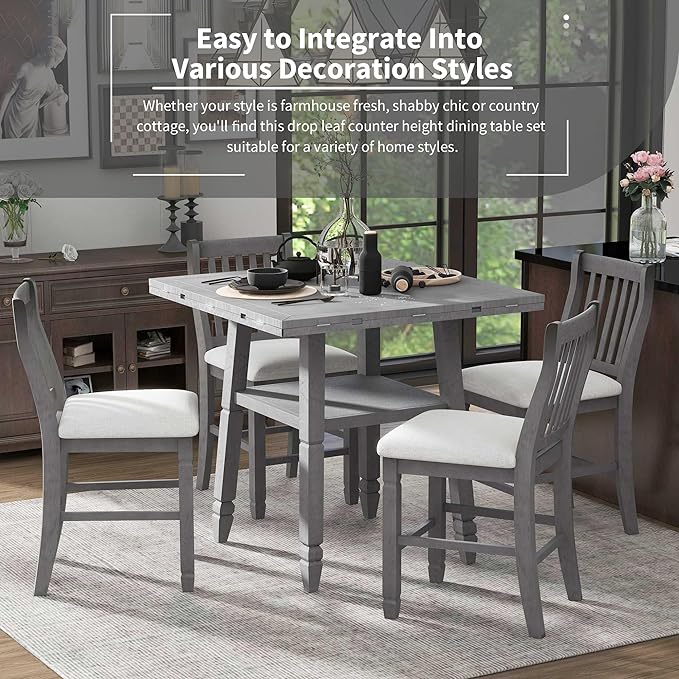 5-Piece Counter Height Round Set in 2 Table Sizes with 4 Folding Leaves and Upholstered Chairs for Dining Room (Gray+Beige Cushion), 38"~54" L x 38"~54" W x 36.2" H - LeafyLoom