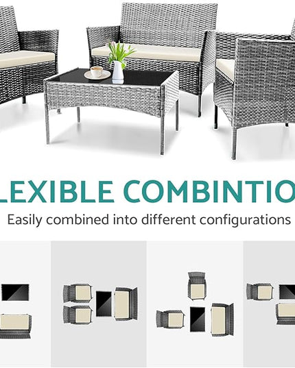 Patio Furniture, 4 Piece Conversation Set, Outdoor Wicker Rattan Table and Chairs, Sectional Sofa with Thick Cushion for Garden, Yard, or Porch, Grey - LeafyLoom