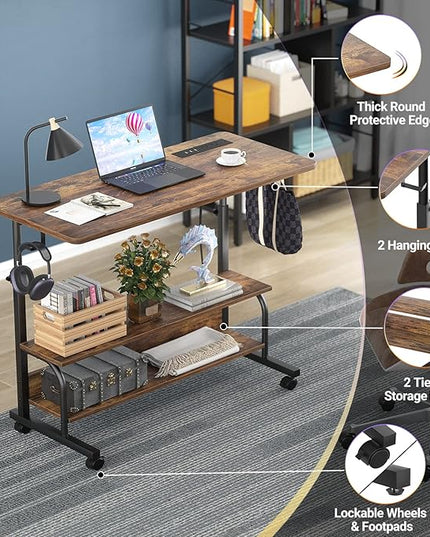 Height Adjustable Standing Desk with Power Outlets, 32" Manual Stand Up Desk with Storage Shelves Small Mobile Rolling Computer Desk Portable Laptop Table with Wheels for Home Office, Rustic - LeafyLoom