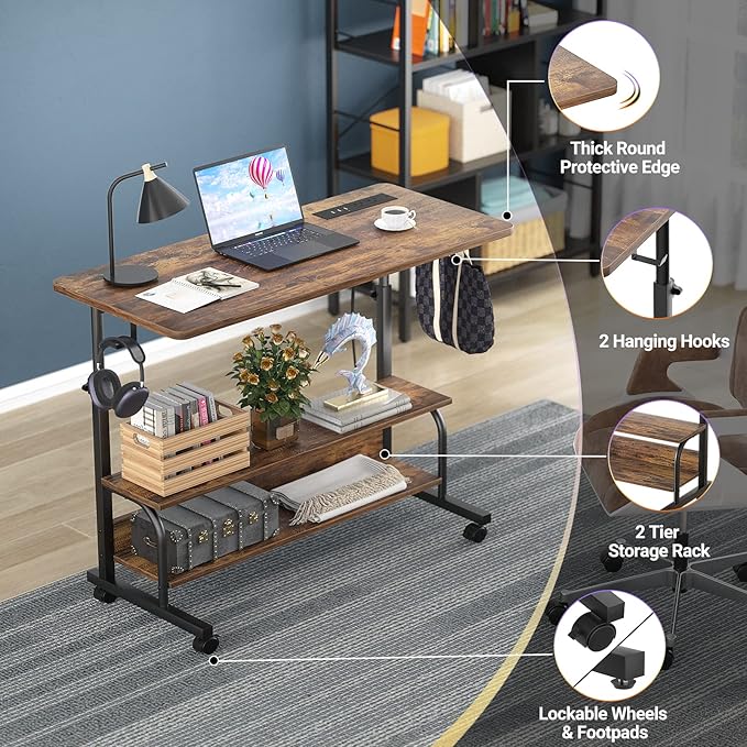 Height Adjustable Standing Desk with Power Outlets, 32" Manual Stand Up Desk with Storage Shelves Small Mobile Rolling Computer Desk Portable Laptop Table with Wheels for Home Office, Rustic - LeafyLoom