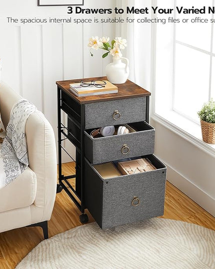 HOOBRO 3-Drawer Mobile File Cabinet, Vertical Filing Cabinet, Office Cabinet, Filing Cabinet for Home Office, Rolling Printer Stand, A4/Letter-Sized, Nonwovens Drawer, Rustic Brown and Gray BFG30WJ01 - LeafyLoom