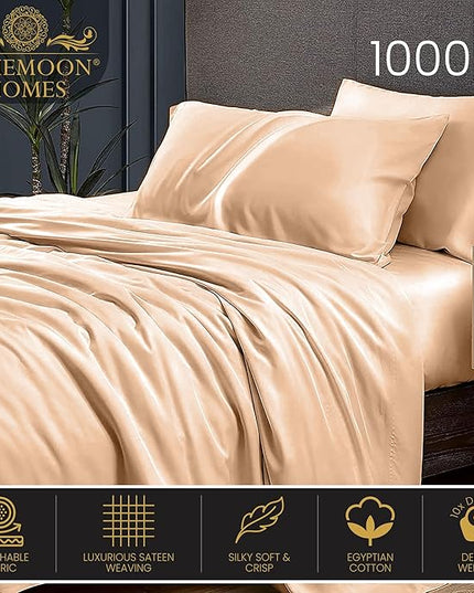 1000 TC Egyptian Cotton Sheets Queen Size - Luxury & Cooling Bedsheets for Hot Sleepers - Breathable, Sateen Weave, 18" Deep Pocket Fitted Sheet - 4 Piece Egyptian Hotel Sheets for Queen Bed (Sand) - LeafyLoom