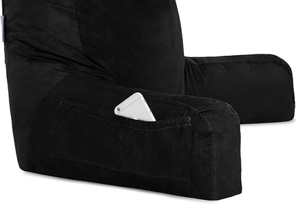 Husband Pillow XXL Aspen Edition, Adult Reading Sit Up Bed Rest Pillow for Bed with Arms & Neck Roll on Bungee Cord - Premium Memory Foam - Reversible 2 Sided Cover Micro Suede or Plush, Stable Black - LeafyLoom