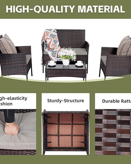 Patio Furniture Set 4 Pieces Conversation Sets Outdoor Wicker Rattan Chairs Garden Backyard Balcony Porch Poolside Loveseat with Soft Cushion and Tempered Glass Table(Brown/Grey) - LeafyLoom