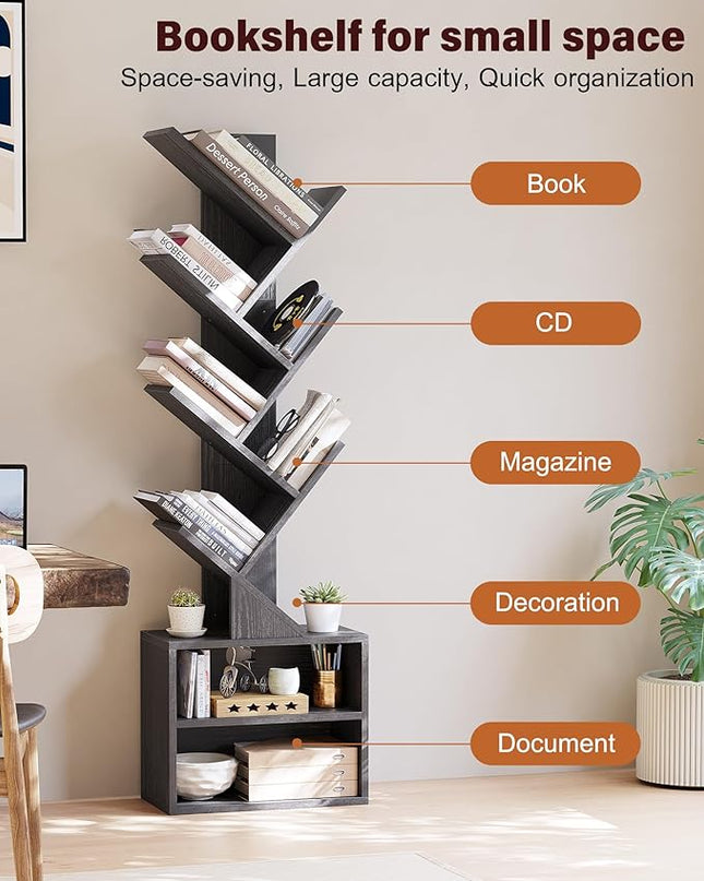 SUNMORY 6 Tier Tree Bookshelf, Small Bookcase with Storage Cabinet, Modern Narrow Bookshelves Organizer, Floor Standing Book Shelf for Bedroom/Living Room/Home Office/Corner, Black - LeafyLoom