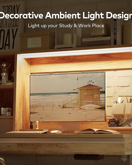 FEZIBO 55 x 27.5 Inches Electric Standing Desk with Open Shelf&LED Strip, Adjustable Height Sit Stand Up Desks with 3 Drawers, Ergonomic Workstation, Light Rustic（2 packages - LeafyLoom