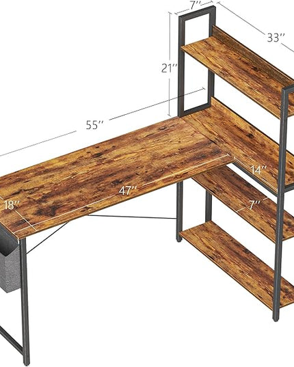 Treesland 55 Inch Computer Desk with Storage Shelves, L Shaped Desk with Storage, Corner Desk with Storage, Home Office Desks, Bookshelf Desk, Writing Study Desk for Bedroom, Brown - LeafyLoom