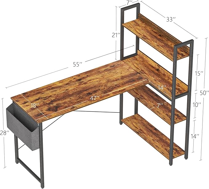 Treesland 55 Inch Computer Desk with Storage Shelves, L Shaped Desk with Storage, Corner Desk with Storage, Home Office Desks, Bookshelf Desk, Writing Study Desk for Bedroom, Brown - LeafyLoom