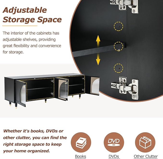 Merax Contemporary TV Stand with Adjustable Shelves, Gold Handles and Arch Fluted Glass Doors for Televisions Up to 78'', Stylish Media Console, Delicate Entertainment Center for Living Room, Black - LeafyLoom