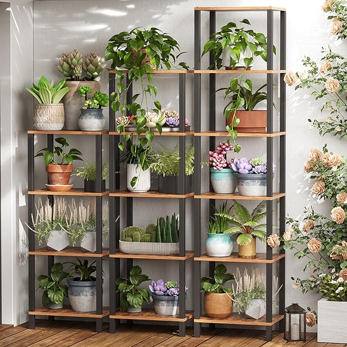 TUTOTAK Bookshelf, 5-Tier Tall Book Shelf, Narrow Bookcase for Small Space, DIY Stackable Bookshelf, for Living Room, Office, Study, Entryway, Industrial, Rustic Brown and Black BS01BB005 - LeafyLoom