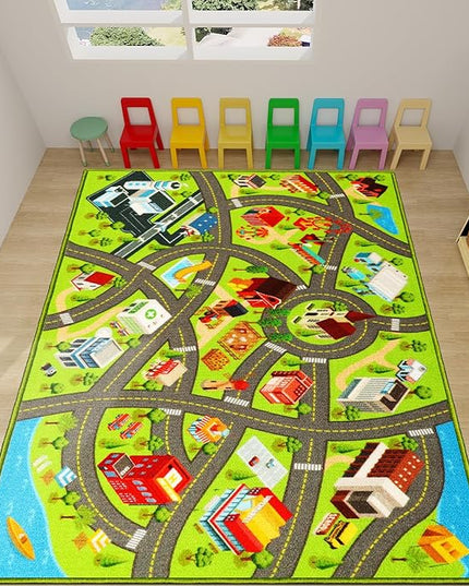 Kids Rugs Traffic Road Carpet for Car City Map Play Rug 5'×6.7' for Playroom Educational Mat Area Rug, Kid Playtime Collection Toddler Car Track Rug Cute Cartoon (City Road A, 59×78.7 in) - LeafyLoom