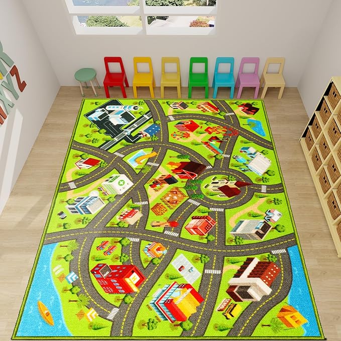 Kids Rugs Traffic Road Carpet for Car City Map Play Rug 3.3'×5' for Playroom Educational Mat Area Rug, Kid Playtime Collection Toddler Car Track Rug Cute Cartoon (City Road A, 39.4×59 in) - LeafyLoom