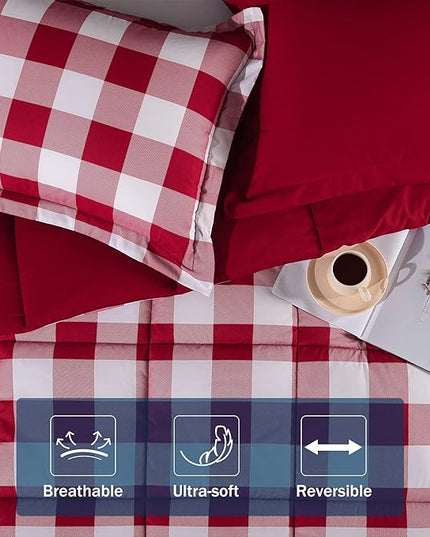 downluxe Lightweight Plaid Comforter Set (Queen) with 2 Pillow Shams - 3-Piece Set - Red/White Plaid - Down Alternative Reversible Comforter - LeafyLoom