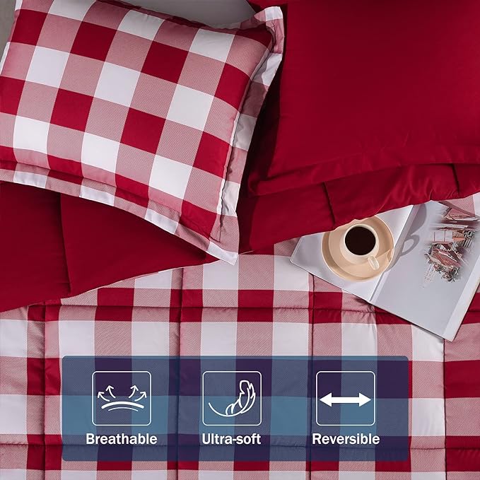 downluxe Lightweight Plaid Comforter Set (Queen) with 2 Pillow Shams - 3-Piece Set - Red/White Plaid - Down Alternative Reversible Comforter - LeafyLoom