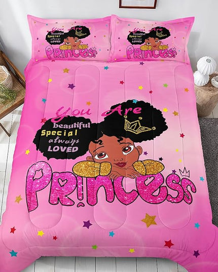 Kids Twin Bedding Set for Girls, Princess Comforter Set Twin, Black Girl Bed Set, Pink Teens Kids Daybed Quilt Set with 1 Comforter and 2 Pillow Cases - LeafyLoom