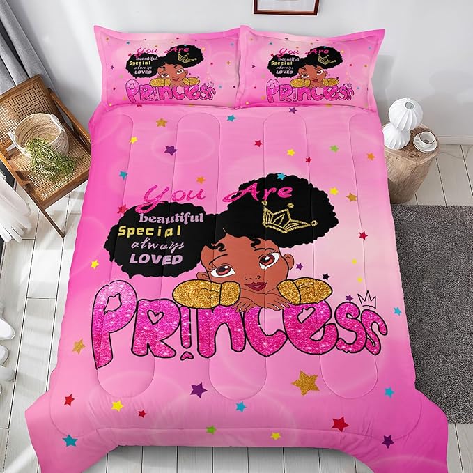 Kids Twin Bedding Set for Girls, Princess Comforter Set Twin, Black Girl Bed Set, Pink Teens Kids Daybed Quilt Set with 1 Comforter and 2 Pillow Cases - LeafyLoom