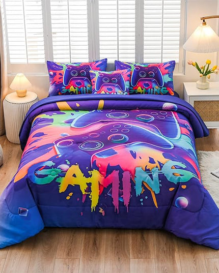 Aimuan Gaming Comforter Sets for Boys Kids Bedding Sets Video Games Console Action Buttons Novelty Colorful Game Gamepad Controller Modern Gamer Room Decor Home Quilt Set (Twin 6 Pcs,Purple) - LeafyLoom