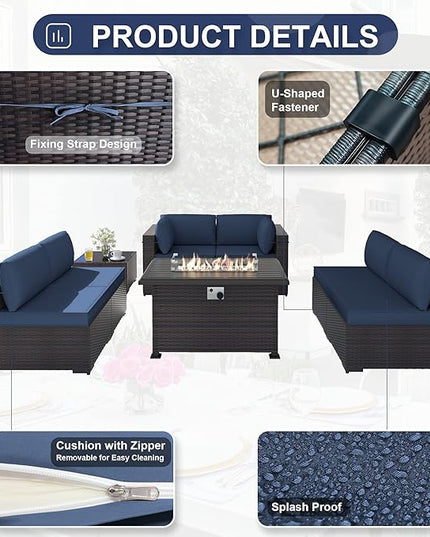 Patio Furniture Sectional Sofa Set 11PCS PE Rattan Swivel Rocking Chairs Patio Conversation Set w/43in Gas Fire Pit Table, Outdoor Furniture with 55000 BTU Propane Fire Pit, Navy Blue - LeafyLoom