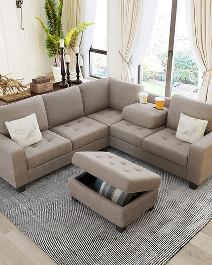 Ottoman&Cup Living Room Furniture Sets,Sectional Corner Sofa L-shape Couch Saving with Storage Ottoman & Cup Holders Design for Large Space Dorm Apartment, Brown F - LeafyLoom