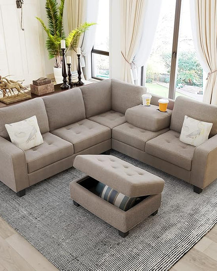 Sectional Couch Modular 5 Seater, Combination Corner, Linen L-Shaped Sofa, Saving Design with Storage Footrest and Cup Holder, for Large Space Dormitory Apartments, Brown - LeafyLoom