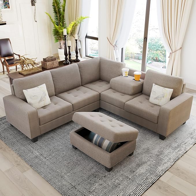 Sectional Couch Modular 5 Seater, Combination Corner, Linen L-Shaped Sofa, Saving Design with Storage Footrest and Cup Holder, for Large Space Dormitory Apartments, Brown - LeafyLoom