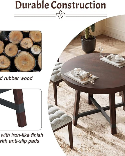 Rustic 42inch Round Dining Table Set for 4-Espresso Finish, 5 Piece with Upholstered Chairs - LeafyLoom