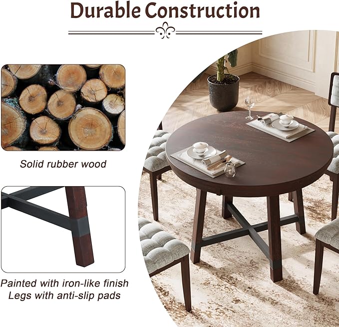 Rustic 42inch Round Dining Table Set for 4 with Cross Legs and Upholstered Chairs for Small Places, Espresso - LeafyLoom