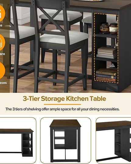 Merax 5-Piece Farmhouse Style Dining Set with 3-Tier Storage Shelves for 4 Solid Wood Rectangular Kitchen, Including 4 Linen Upholstered Cross Back, 60" Counter Height Table+4 Chairs, Gray - LeafyLoom