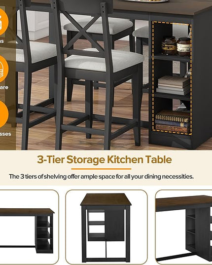 NicBex Dining Table for 4 Small Kitchen Table Set for 4 Solid Wood Farmhouse Counter Height Dining Table Set with 3-Tier Storage Shelves, Upholstered Dining Chairs for 4, Gray - LeafyLoom