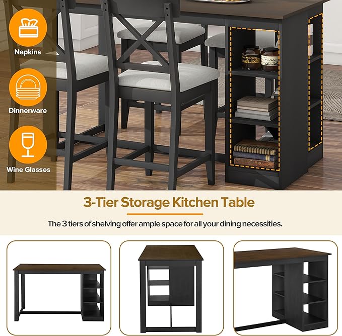 NicBex Dining Table for 4 Small Kitchen Table Set for 4 Solid Wood Farmhouse Counter Height Dining Table Set with 3-Tier Storage Shelves, Upholstered Dining Chairs for 4, Gray - LeafyLoom