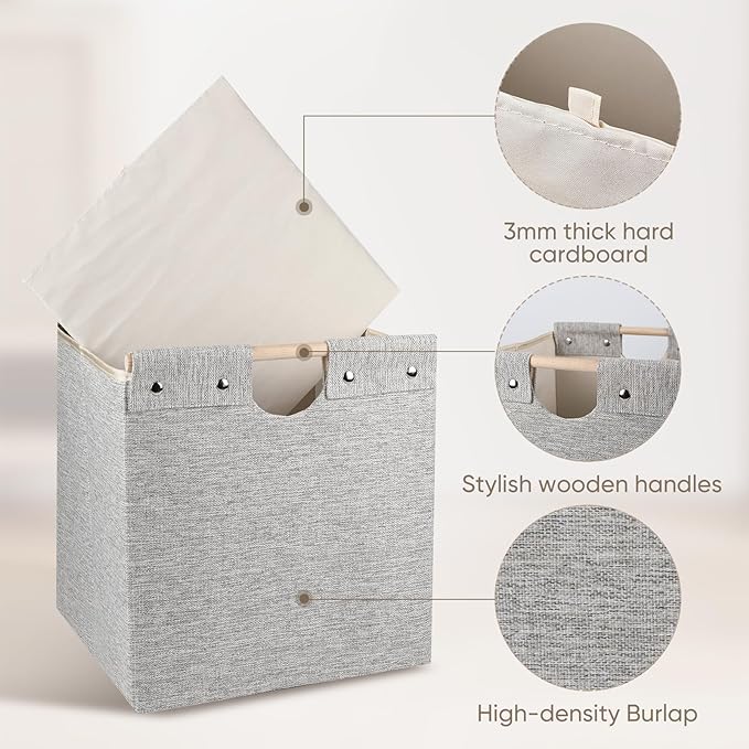 13x13x13 Inches Collapsible Storage Cubes, 4 Pack Fabric Bins with Wooden Handles for Kallax Shelves, Closet, Cabinet, Bookcase, Home Organizer Boxes for Decor and Laundry (Beige) - LeafyLoom